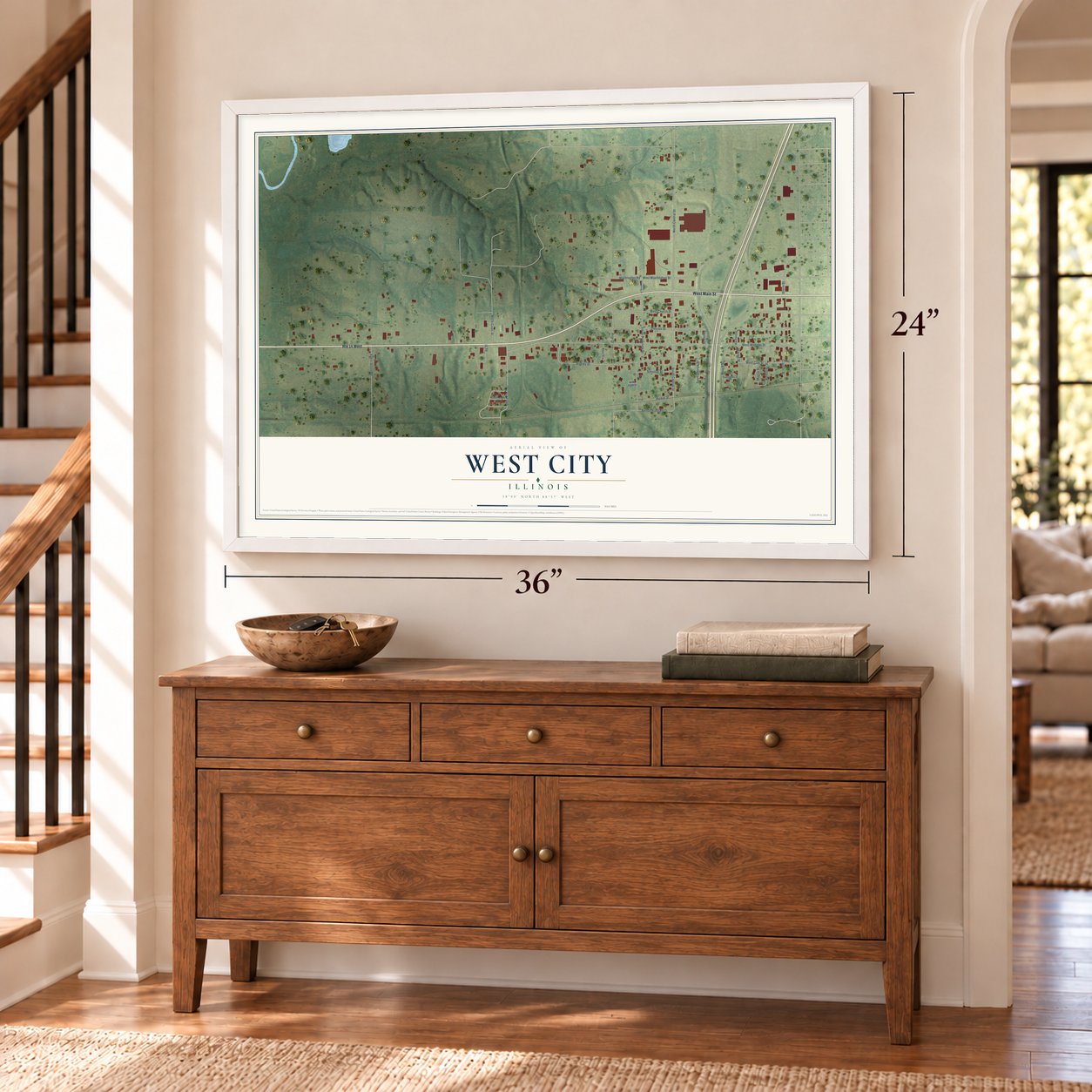 West City, Illinois map, 24 x 36 inch print in a white frame above a dresser by a staircase