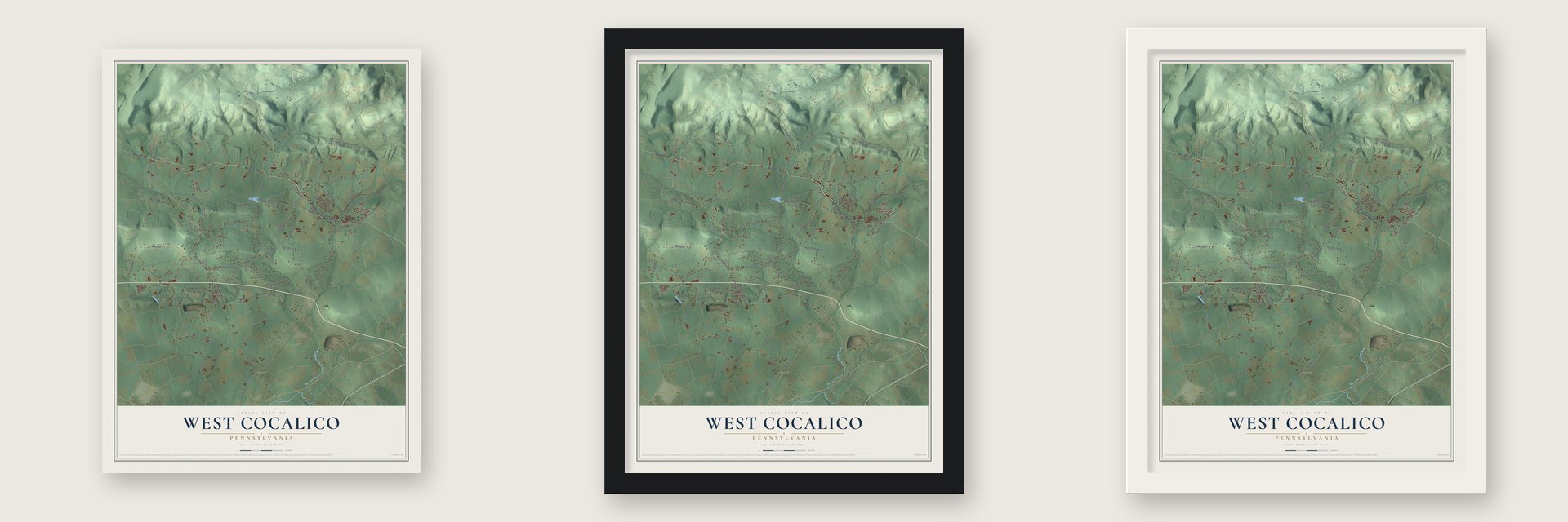 West Cocalico, Pennsylvania map unframed, in a black wood frame and in a white wood frame