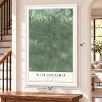 West Cocalico, Pennsylvania map, 24 x 36 inch print in a white frame by a staircase