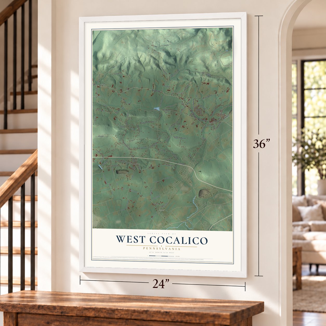 West Cocalico, Pennsylvania map, 24 x 36 inch print in a white frame by a staircase