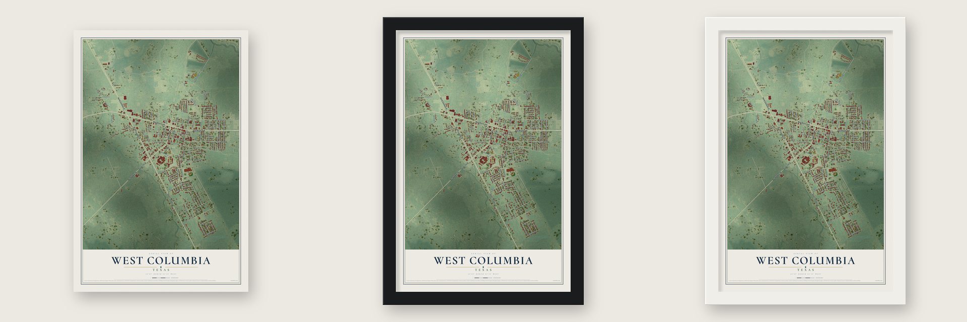 West Columbia, Texas map unframed, in a black wood frame and in a white wood frame