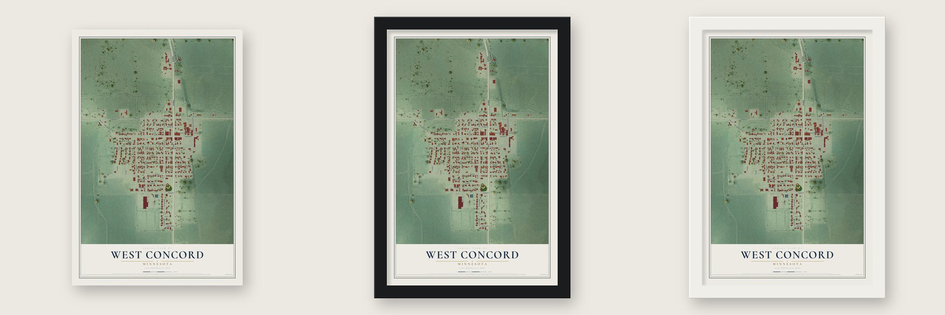 West Concord, Minnesota map unframed, in a black wood frame and in a white wood frame