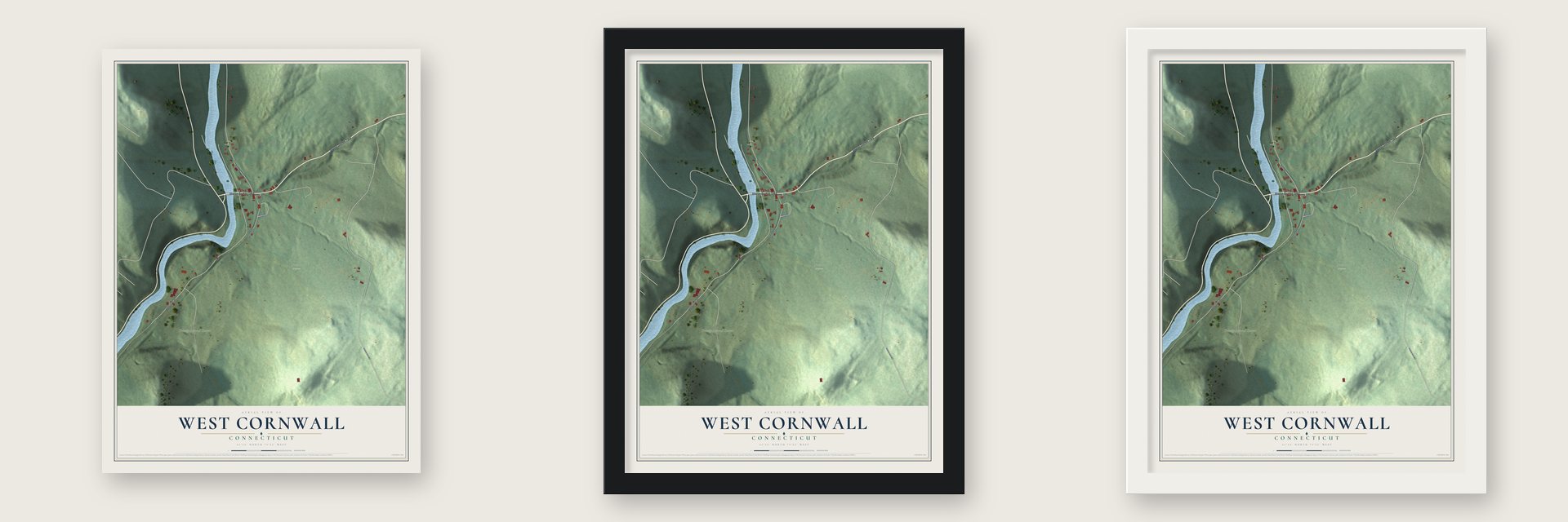 West Cornwall, Connecticut map unframed, in a black wood frame and in a white wood frame