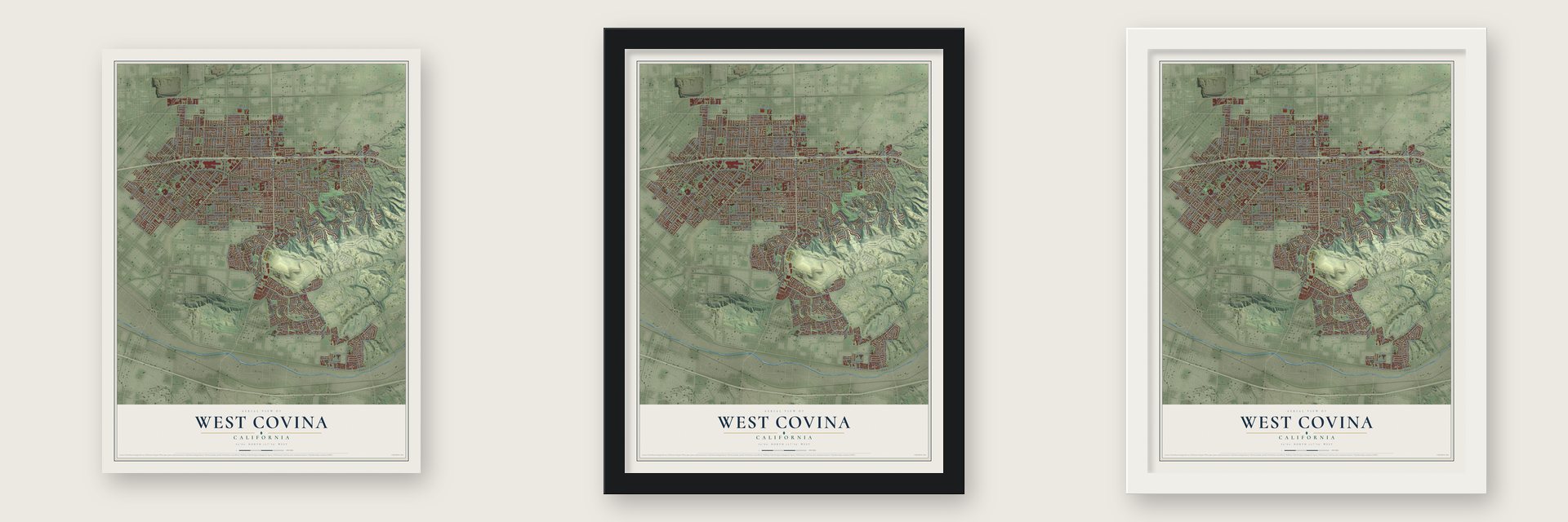 West Covina, California map unframed, in a black wood frame and in a white wood frame
