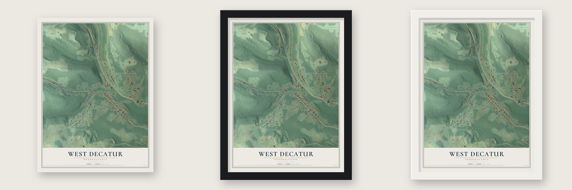 West Decatur, Pennsylvania map unframed, in a black wood frame and in a white wood frame