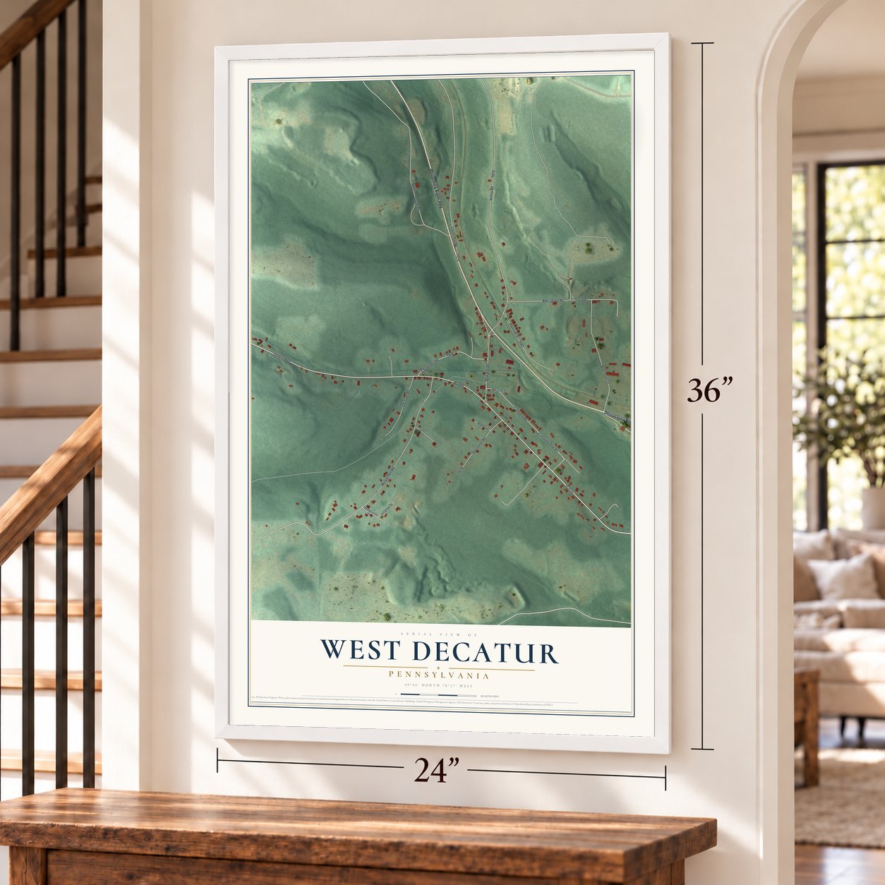 West Decatur, Pennsylvania map, 24 x 36 inch print in a white frame by a staircase