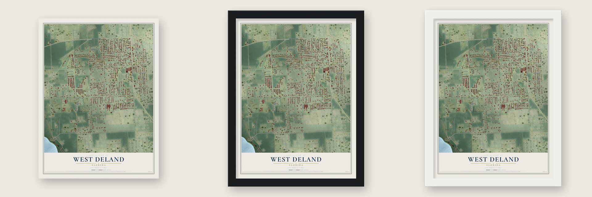 West DeLand, Florida map unframed, in a black wood frame and in a white wood frame
