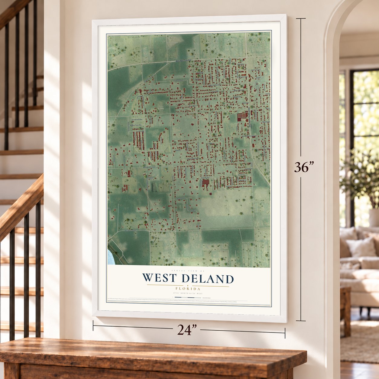 West DeLand, Florida map, 24 x 36 inch print in a white frame by a staircase