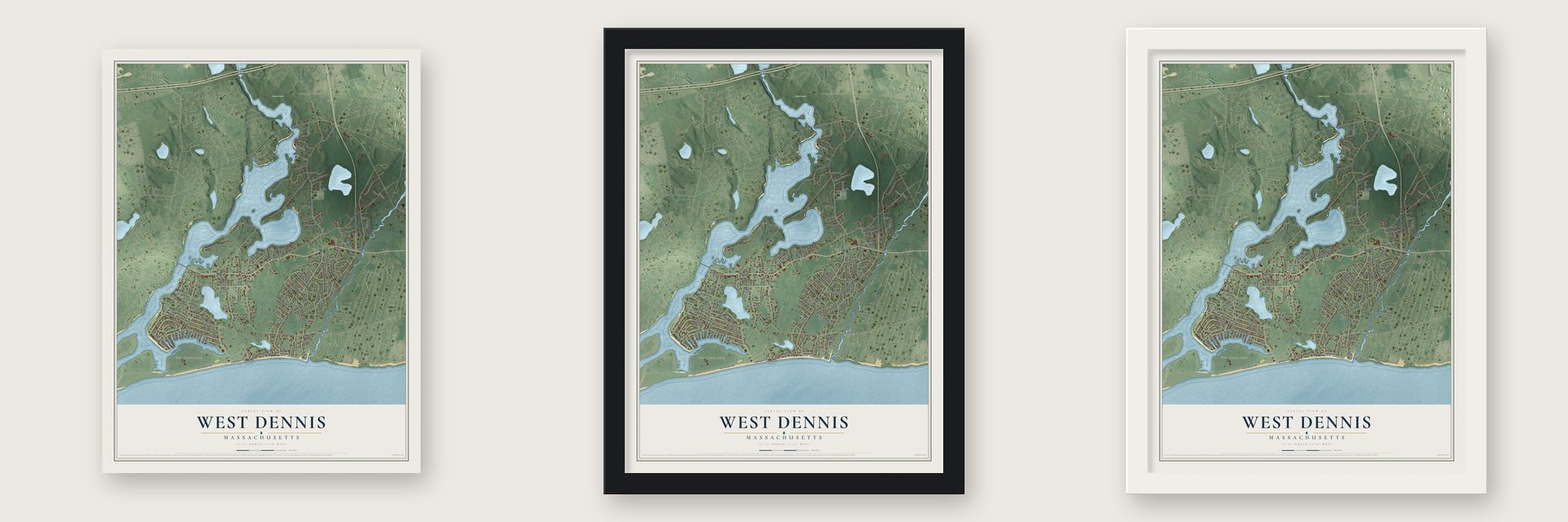 West Dennis, Massachusetts map unframed, in a black wood frame and in a white wood frame
