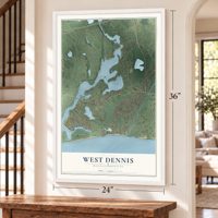 West Dennis, Massachusetts map, 24 x 36 inch print in a white frame by a staircase