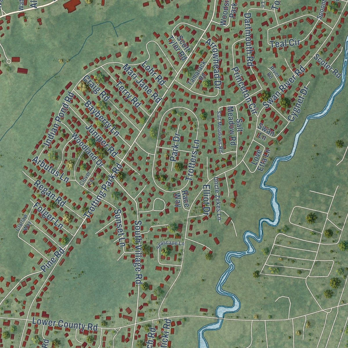 Second close-up of the map of West Dennis, Massachusetts print showing more streets and buildings