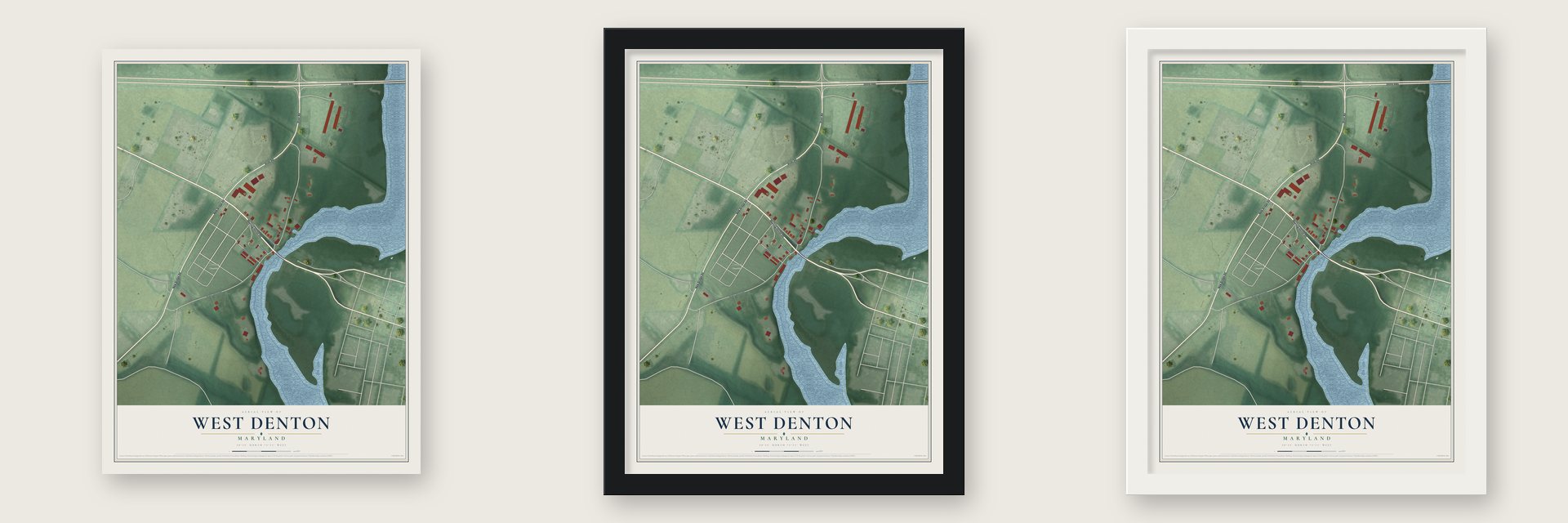 West Denton, Maryland map unframed, in a black wood frame and in a white wood frame
