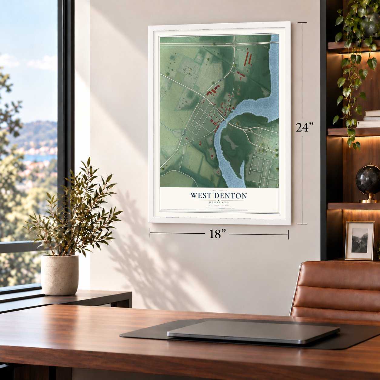West Denton, Maryland map, 18 x 24 inch print in a white frame in a home office