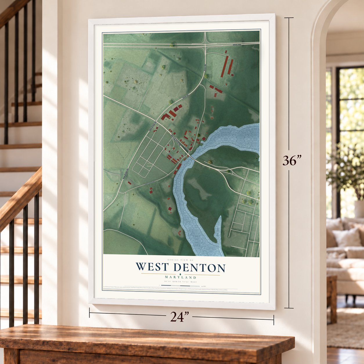 West Denton, Maryland map, 24 x 36 inch print in a white frame by a staircase