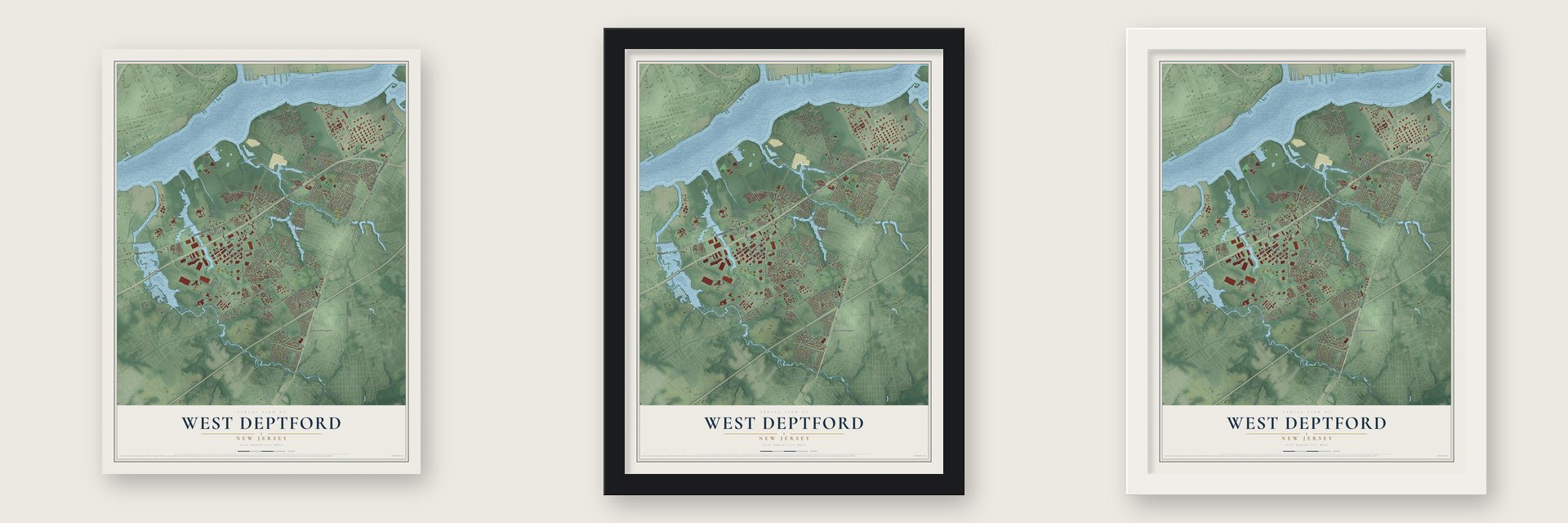 West Deptford, New Jersey map unframed, in a black wood frame and in a white wood frame