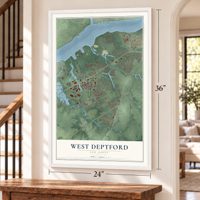 West Deptford, New Jersey map, 24 x 36 inch print in a white frame by a staircase