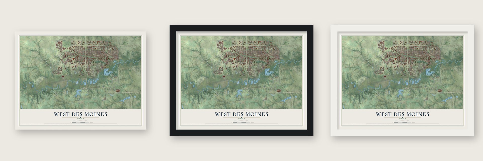 West Des Moines, Iowa map unframed, in a black wood frame and in a white wood frame