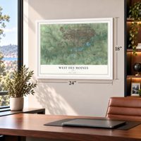 West Des Moines, Iowa map, 18 x 24 inch print in a white frame in a home office