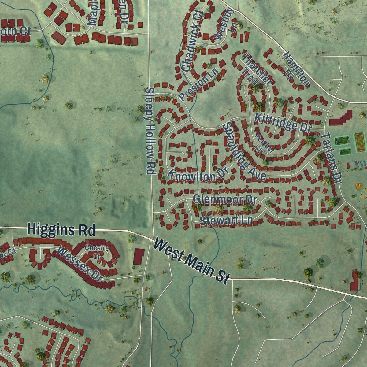 Second close-up of the map of West Dundee, Illinois print showing more streets and buildings