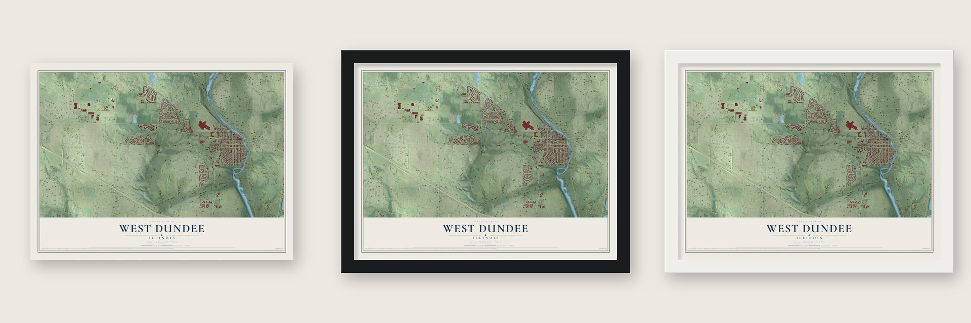 West Dundee, Illinois map unframed, in a black wood frame and in a white wood frame