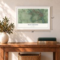 West Dundee, Illinois map, 12 x 18 inch print in a white frame in an entryway
