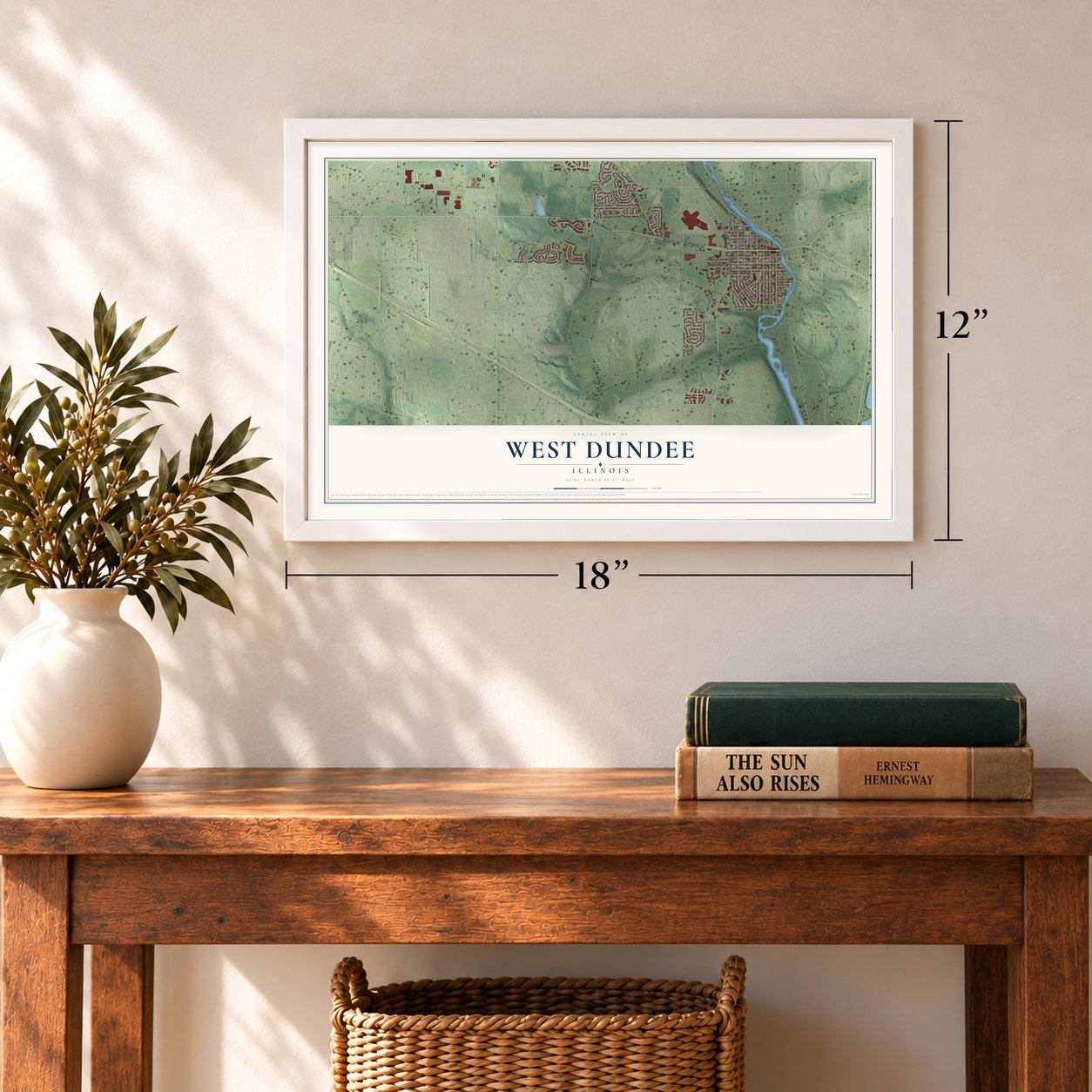 West Dundee, Illinois map, 12 x 18 inch print in a white frame in an entryway