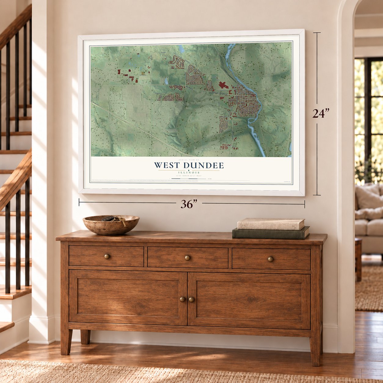 West Dundee, Illinois map, 24 x 36 inch print in a white frame above a dresser by a staircase