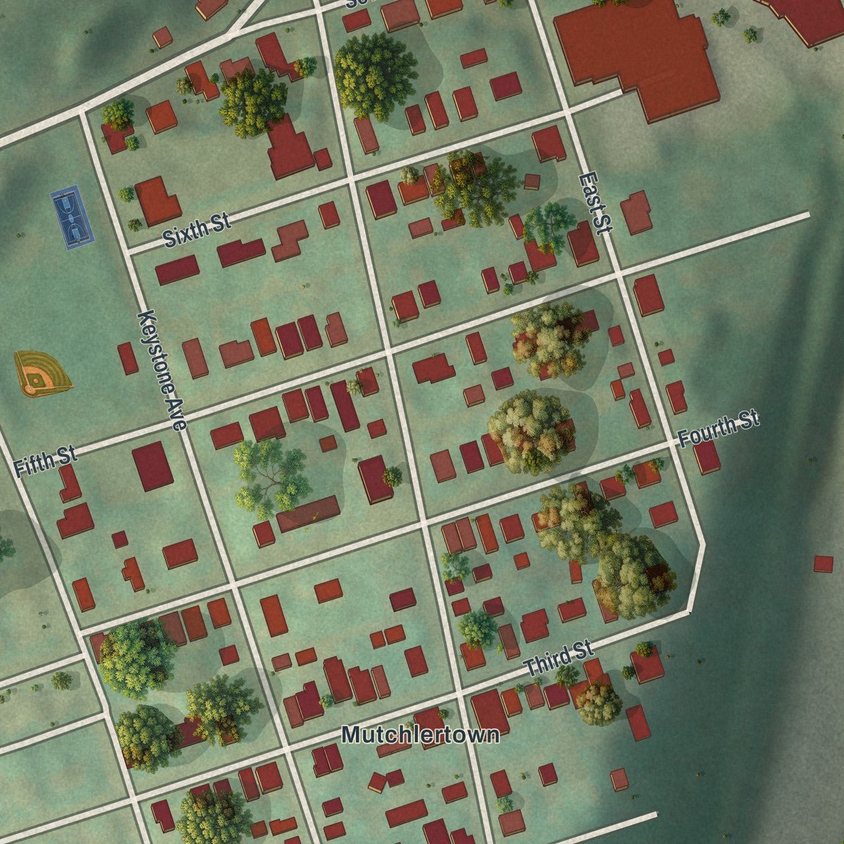 Second close-up of the map of West Easton, Pennsylvania print showing more streets and buildings