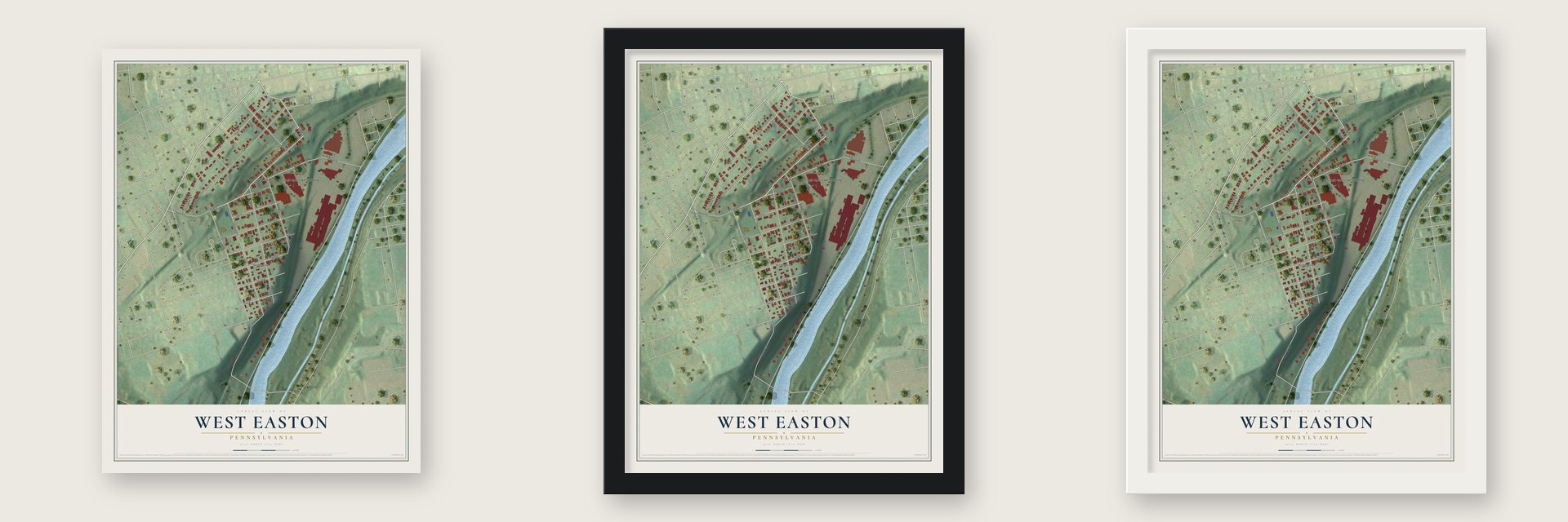 West Easton, Pennsylvania map unframed, in a black wood frame and in a white wood frame
