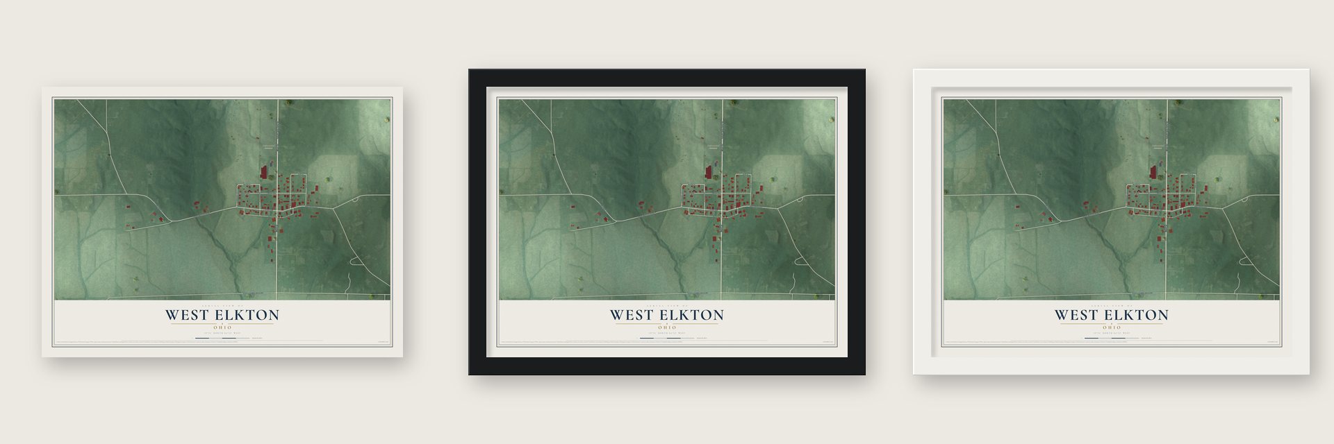 West Elkton, Ohio map unframed, in a black wood frame and in a white wood frame