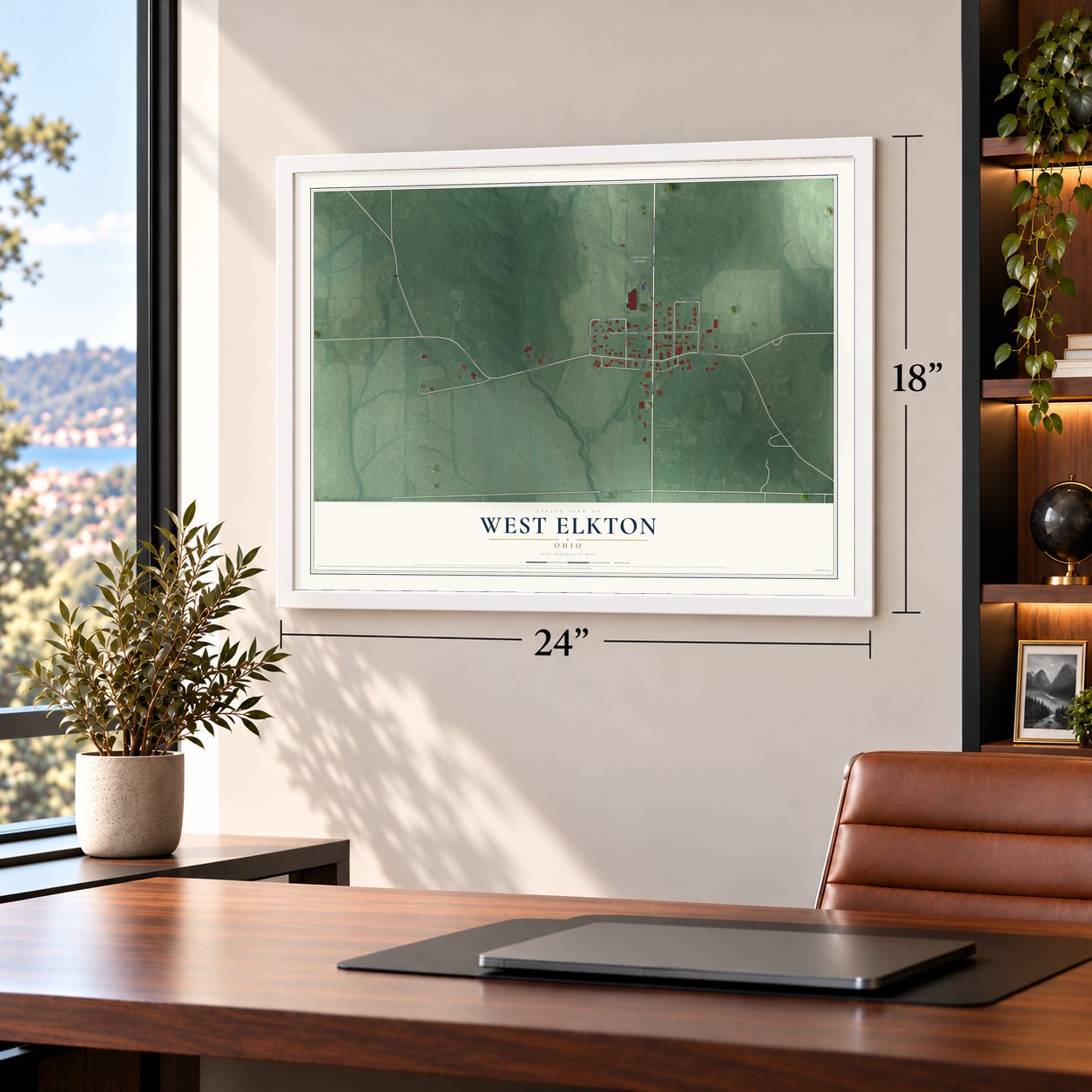 West Elkton, Ohio map, 18 x 24 inch print in a white frame in a home office