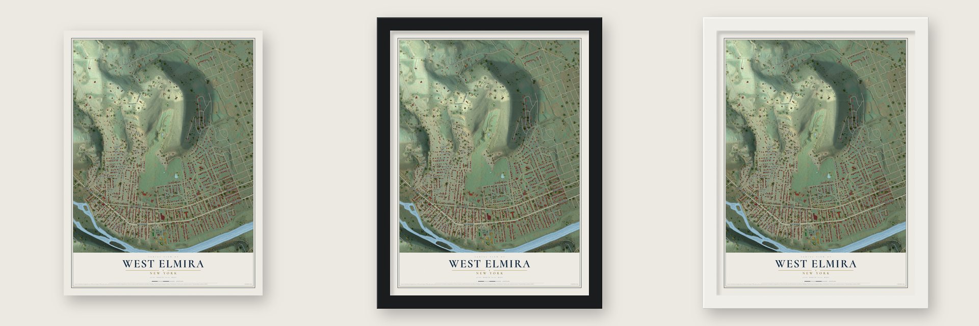 West Elmira, New York map unframed, in a black wood frame and in a white wood frame