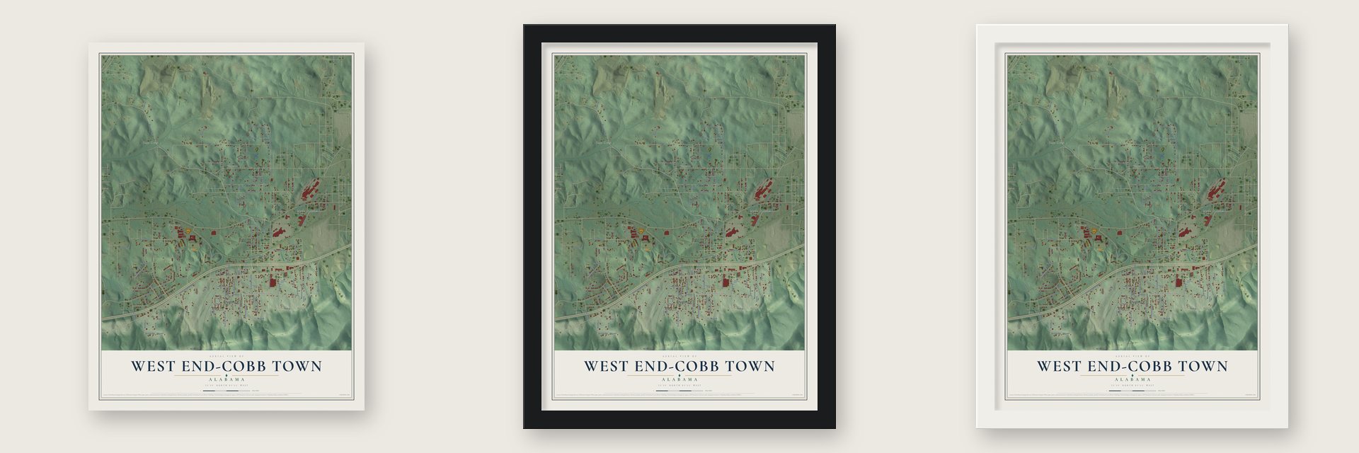 West End-Cobb Town, Alabama map unframed, in a black wood frame and in a white wood frame