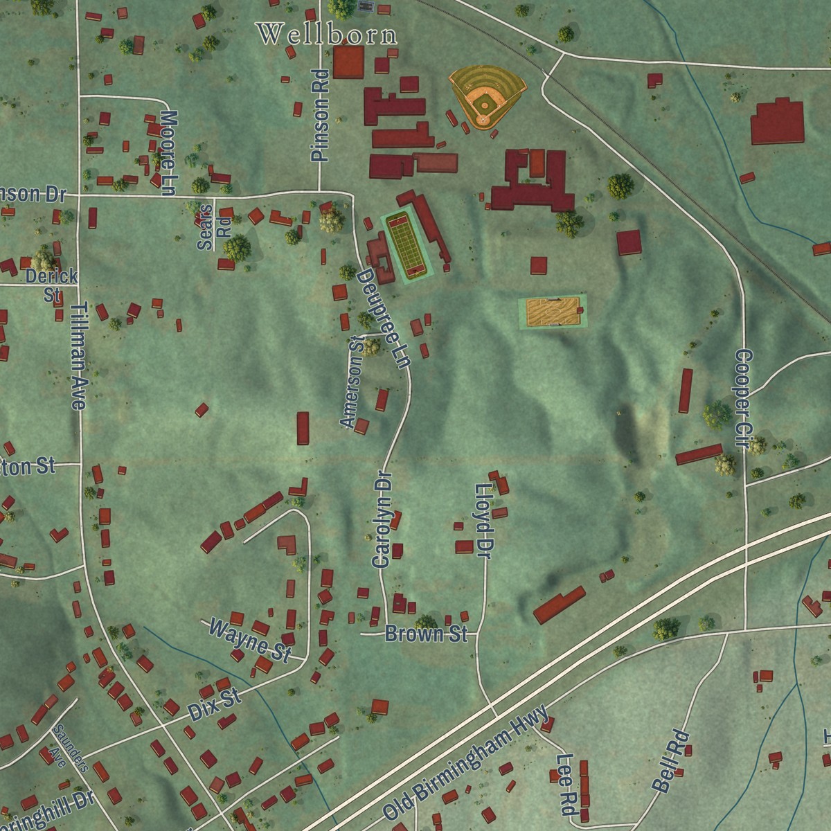 Second close-up of the map of West End-Cobb Town, Alabama print showing more streets and buildings