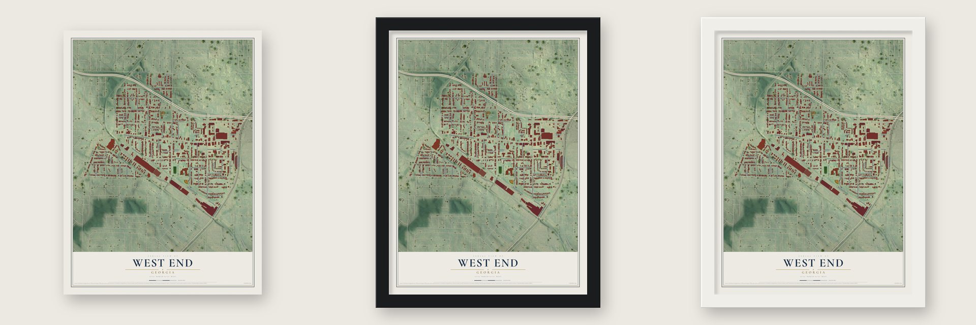 West End, Georgia map unframed, in a black wood frame and in a white wood frame