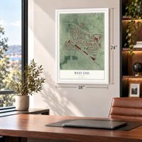 West End, Georgia map, 18 x 24 inch print in a white frame in a home office