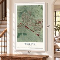 West End, Georgia map, 24 x 36 inch print in a white frame by a staircase