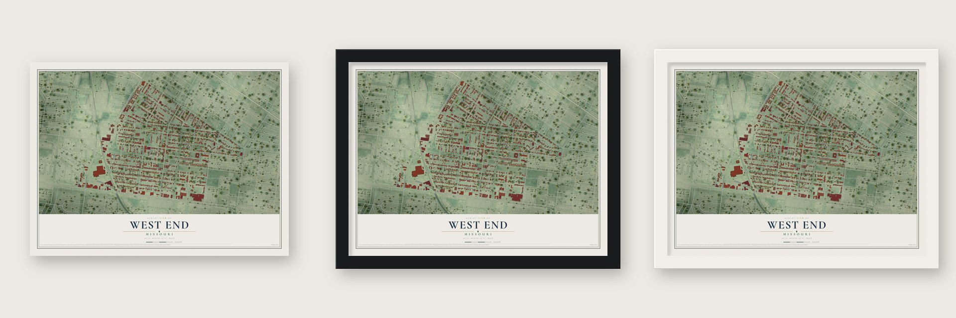 West End, Missouri map unframed, in a black wood frame and in a white wood frame