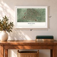 West End, Missouri map, 12 x 18 inch print in a white frame in an entryway