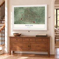 West End, Missouri map, 24 x 36 inch print in a white frame above a dresser by a staircase