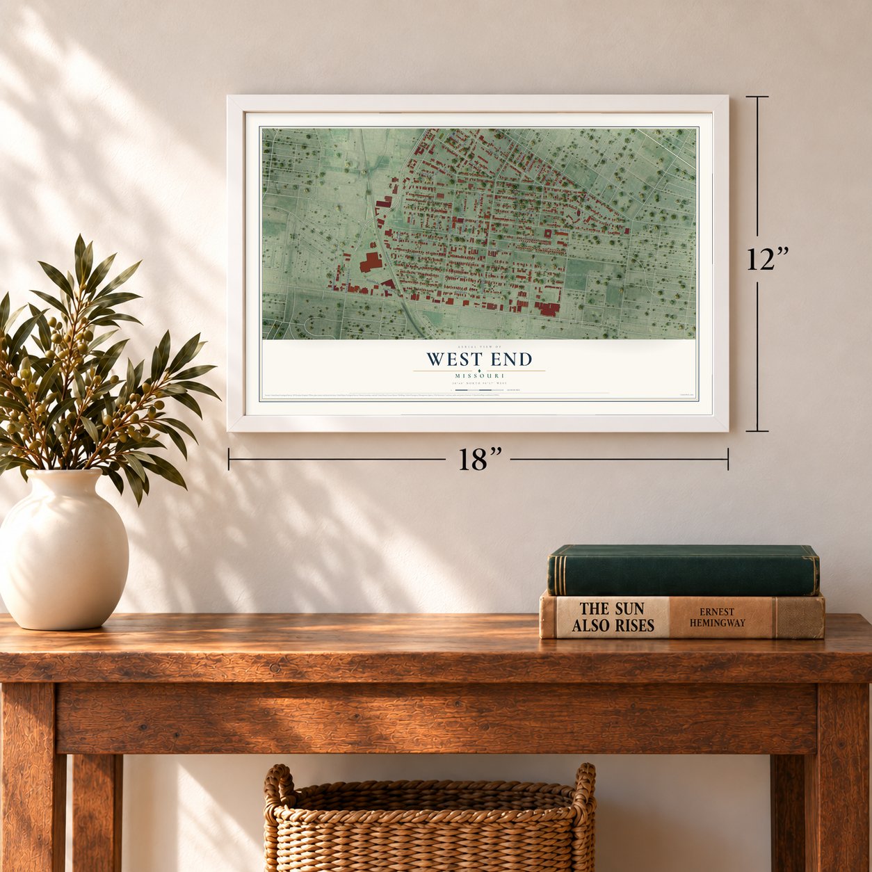West End, Missouri map, 12 x 18 inch print in a white frame in an entryway