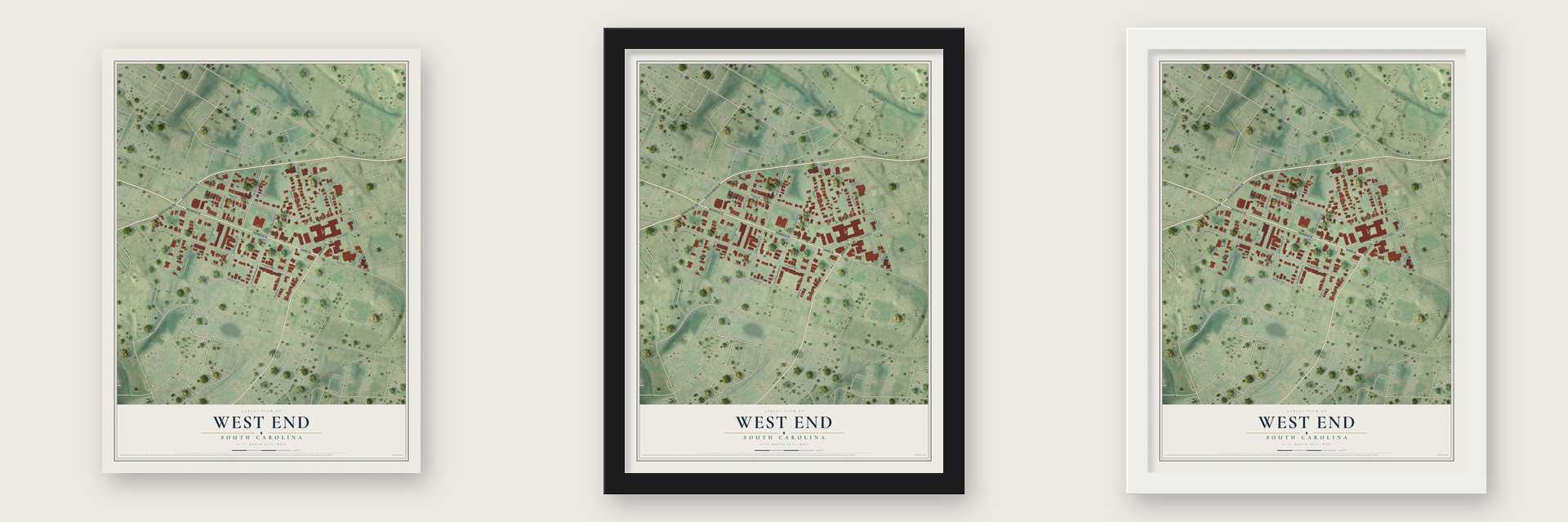 West End, South Carolina map unframed, in a black wood frame and in a white wood frame