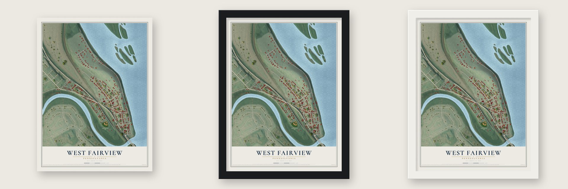 West Fairview, Pennsylvania map unframed, in a black wood frame and in a white wood frame