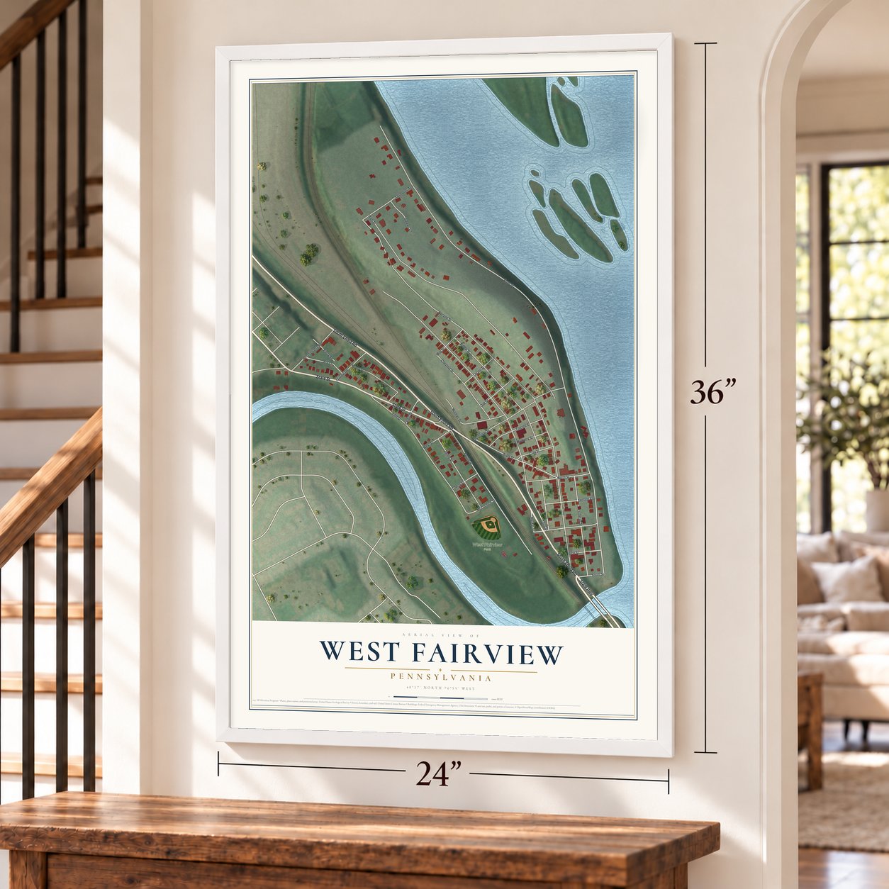 West Fairview, Pennsylvania map, 24 x 36 inch print in a white frame by a staircase