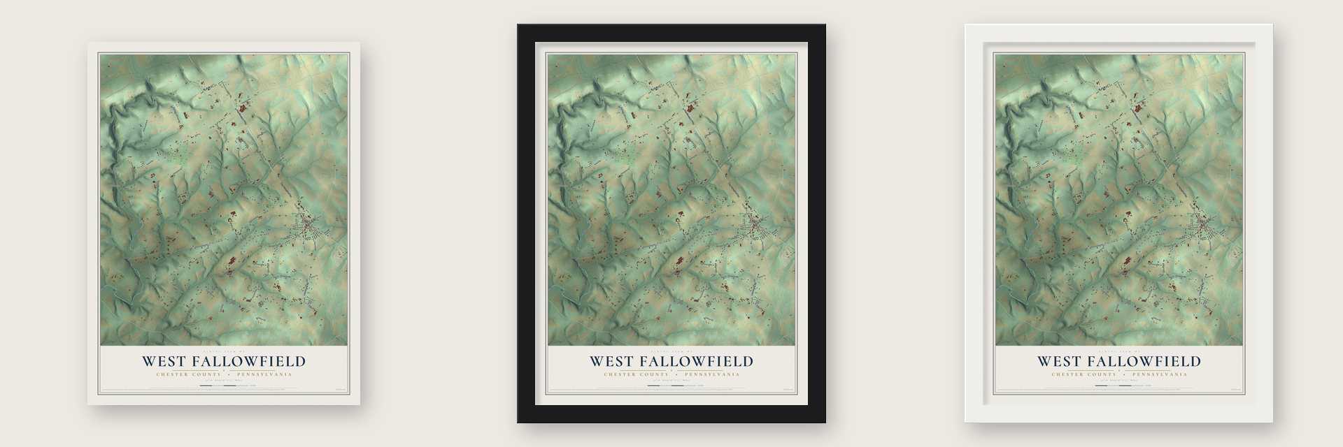 West Fallowfield, Chester County, Pennsylvania map unframed, in a black wood frame and in a white wood frame