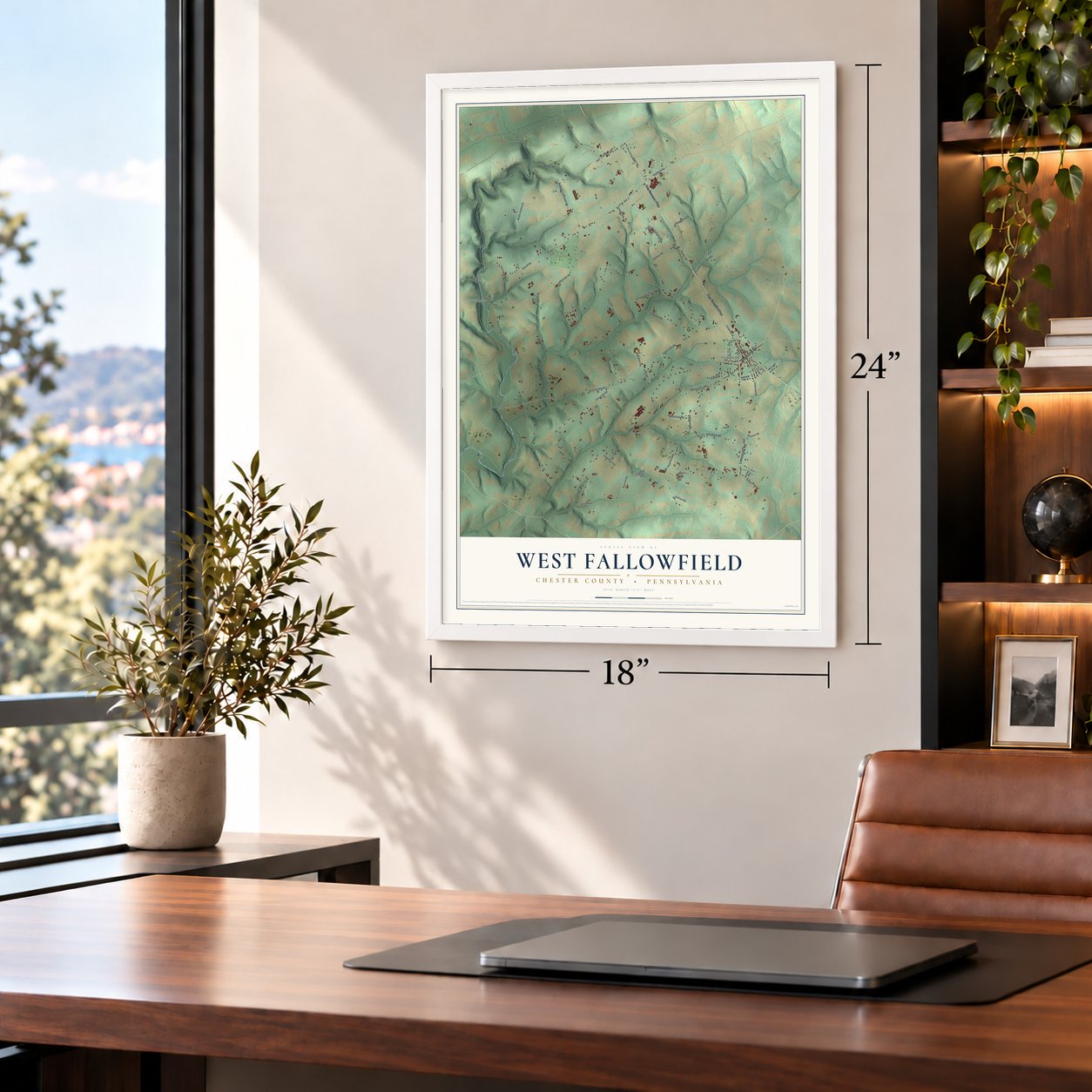 West Fallowfield, Chester County, Pennsylvania map, 18 x 24 inch print in a white frame in a home office