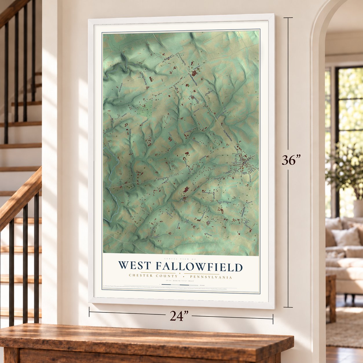 West Fallowfield, Chester County, Pennsylvania map, 24 x 36 inch print in a white frame by a staircase