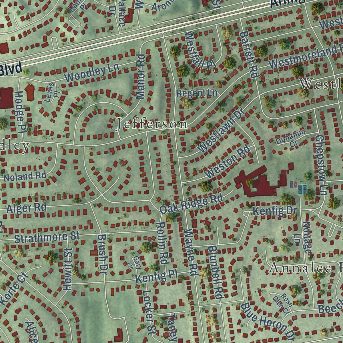 Second close-up of the map of West Falls Church, Virginia print showing more streets and buildings