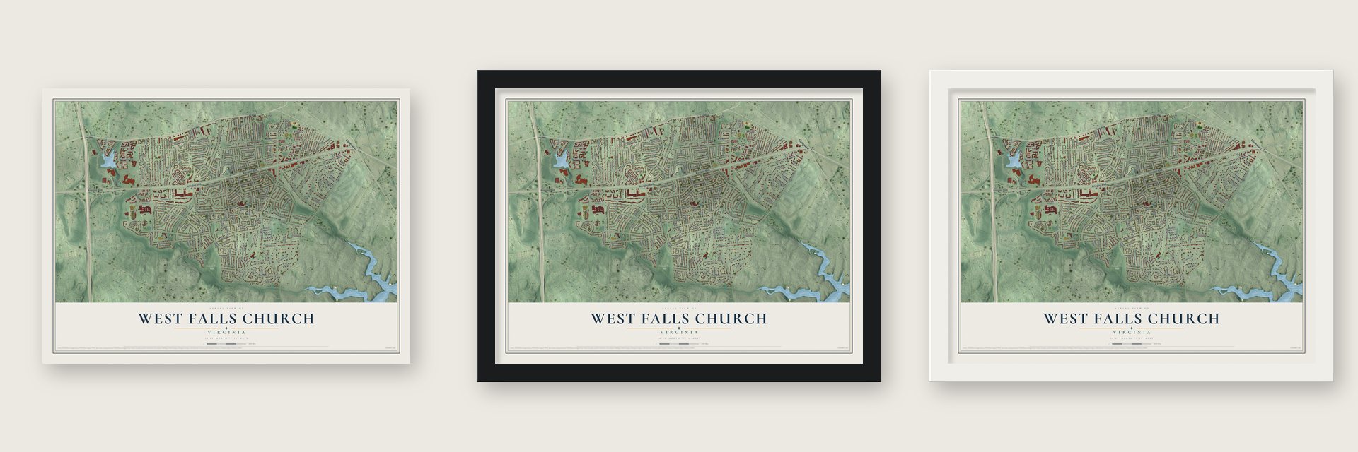 West Falls Church, Virginia map unframed, in a black wood frame and in a white wood frame