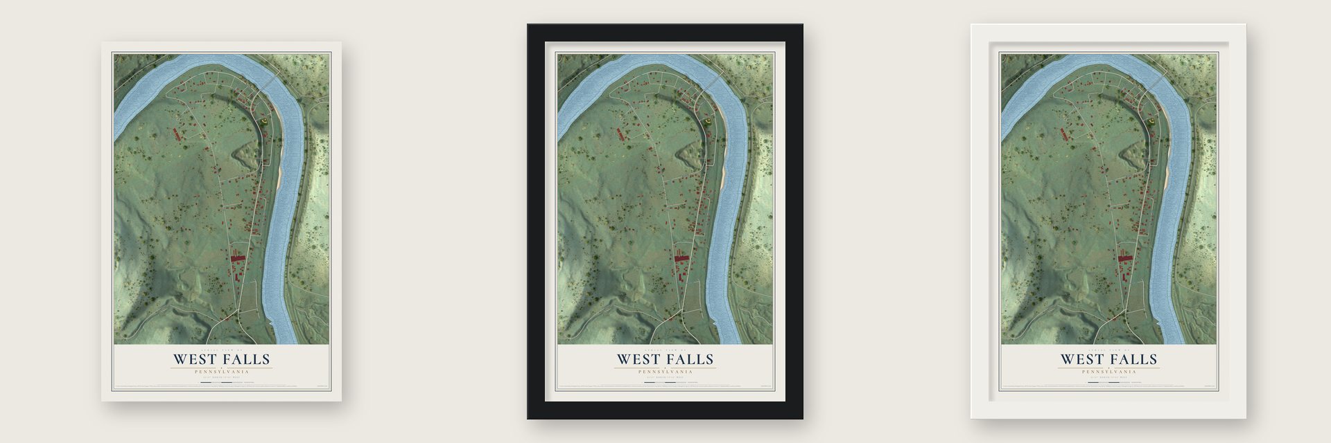 West Falls, Pennsylvania map unframed, in a black wood frame and in a white wood frame